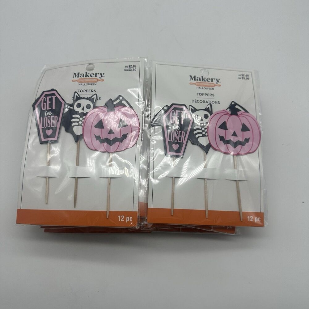 LOT OF 9 Makery Halloween Cupcake Toppers Pink Pumpkin Coffin Get In Loser 12pc